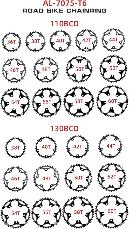 110/130 BCD Chainring 36/38/40/42/44/46/48/50/52/54/56/58/60T 5 Screws Round Narrow Wide Bicycle Chainring for 9/10/11 Speed Road Bike Folding Bicycle