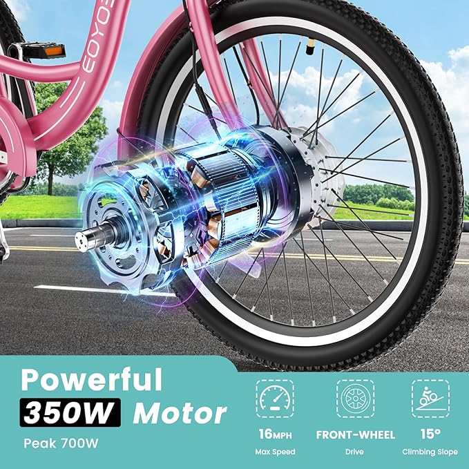 Electric Tricycle for Adults Seniors, 24/26 Inch 3 Wheel E-Trike, 350W Motor (700W Peak), Removable 36V Battery, Up to 15.5MPH, 25-60Mile Range, Low Step-Through, Rear Basket, 350lbs Capacity, 7 Speed
