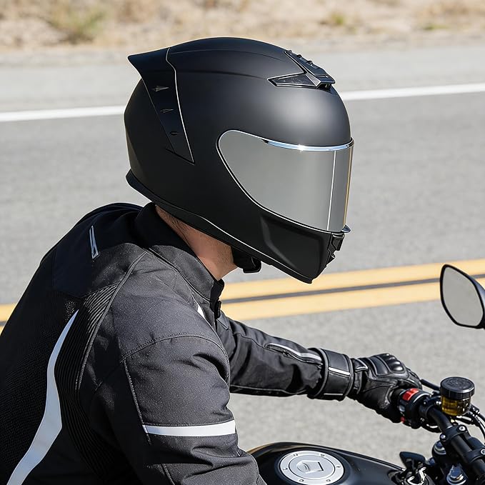 Full Face Motorcycle Helmet,Helmets for Adults Motorcycle, MG611 Motorbike Racing Street Bike Helmets with Black Visor for Men Women,DOT Approved (Matte Black-Sliver+ Mask, S)