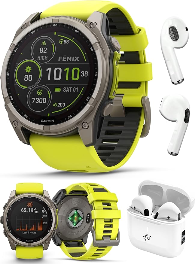 PlayBetter Garmin Fenix 8 Solar Sapphire (51mm, Titanium/Amp Yellow) Multisport GPS Smartwatch Bundle - 1.4” Touchscreen, Built-in LED Flashlight Wireless Running Earbuds