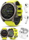 PlayBetter Garmin Fenix 8 Solar Sapphire (51mm, Titanium/Amp Yellow) Multisport GPS Smartwatch Bundle - 1.4” Touchscreen, Built-in LED Flashlight Wireless Running Earbuds