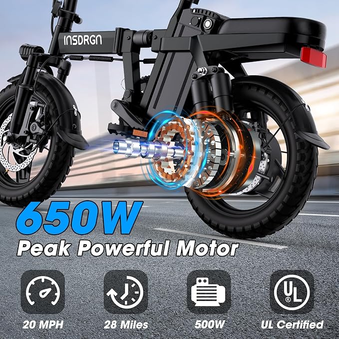 Electric Bike for Adults and Teens,14" Folding Adult E Bike with 650W Peak Motor,20MPH,28Miles Range,Advanced 9-Point Suspension & Dual Disc Brake,Removable Battery,UL 2849 Certified