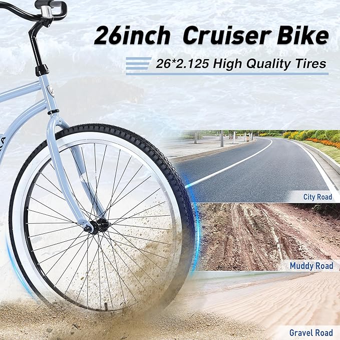 Multiple Colors Adult Beach Cruiser Bike, Single Speed Bicycles 26" Inch, Fixed Gear Bike, Wide Wheels for Stability, Rear Coaster Brakes, Multiple Speed Options