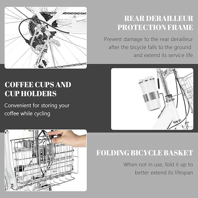 24/26 Inch Beach Cruiser Bike for Women Folding Bikes, 7-Speed Womens Bike with Basket and Coffee Cup, Womens Foldable Bicycle Commuter Bikes for Adults, Adjustable Seat & Dual V-Type Brakes