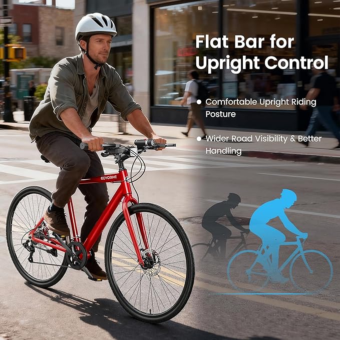 MOPHOTO Hybrid Bike for Adults, 700C City Commuter Bicycle, Lightweight Aluminum Frame, 8-Speed Urban Fitness Bike for Men&Women, Dual Disc Brakes, Upright Flat Handlebar, LED Headlight & Reflectors