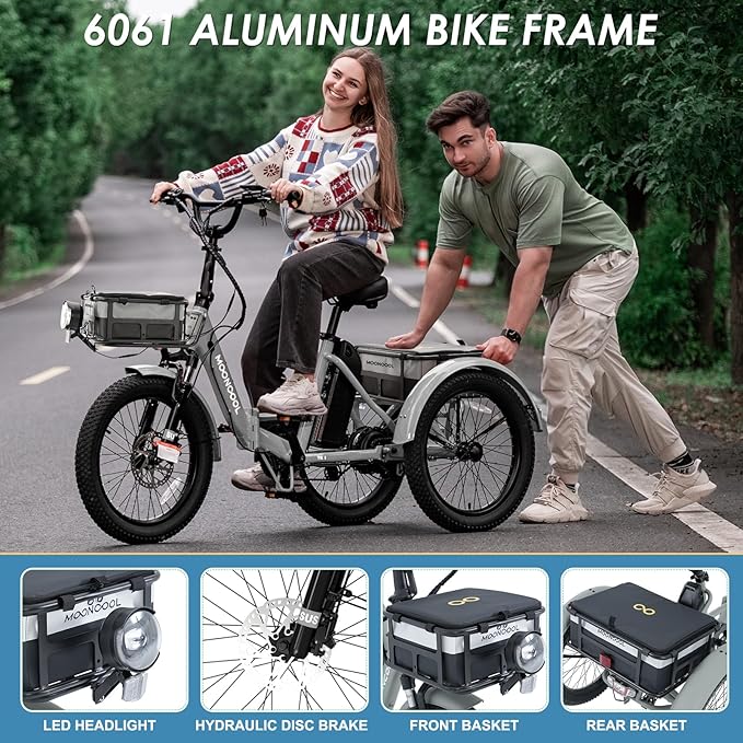 MOONCOOL Folding Electric Tricycle for Adults, 48V 500W 3 Wheels Electric Trike, Aluminum Frame 750W Electric Tricycle Adult Bicycle with Removable Battery, Front and Back Bags