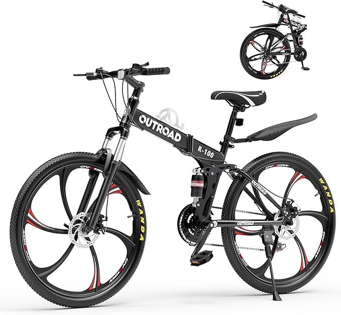Betterland 26 Inch Adult Folding Mountain Bike, 21 Speeds Full Suspension Foldable Bikes, Dual Disc Brake, High Carbon Steel Frame Bicycle for Men Women