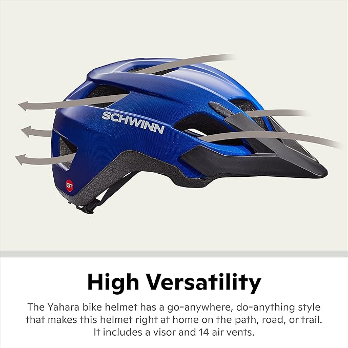 Schwinn Yahara ERT Bike Helmet for Adult Youth Men Women Ages 8 and Up, Can Fit Head Circumference 54-62 cm, with 14 Vents, Removable Visor, and Adjustable Locking Strap