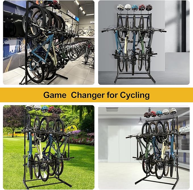 Upgraded Freestanding Bike Rack Storage - Vertical Bike Stand Max 5 Bikes with Helmet Holders, Heavy-Duty Solid Steel Bicycle Stand Indoor Garage Floor Stand
