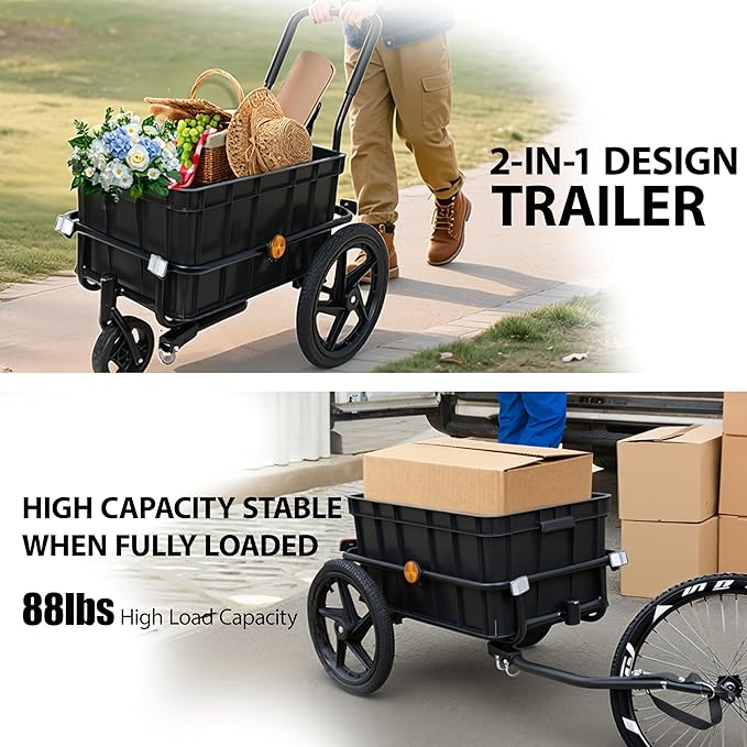 Lightweight Bicycle Trailer, Foldable Bike Cargo Trailer with Universal Hitch, Portable Bicycle Trailers with Removable Box and Waterproof Cover, for Camping, Groceries, 88 LBS Load Capacity