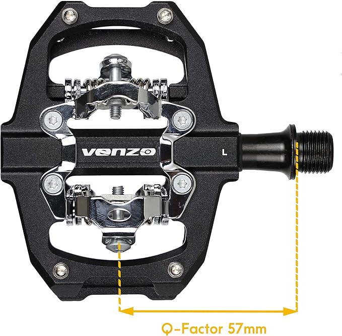 VENZO Compatible with Shimano SPD Mountain Bike CNC Aluminum Cr-Mo Sealed Pedals - Dual Sided Q Factor/Axle Length 57mm with Cleats