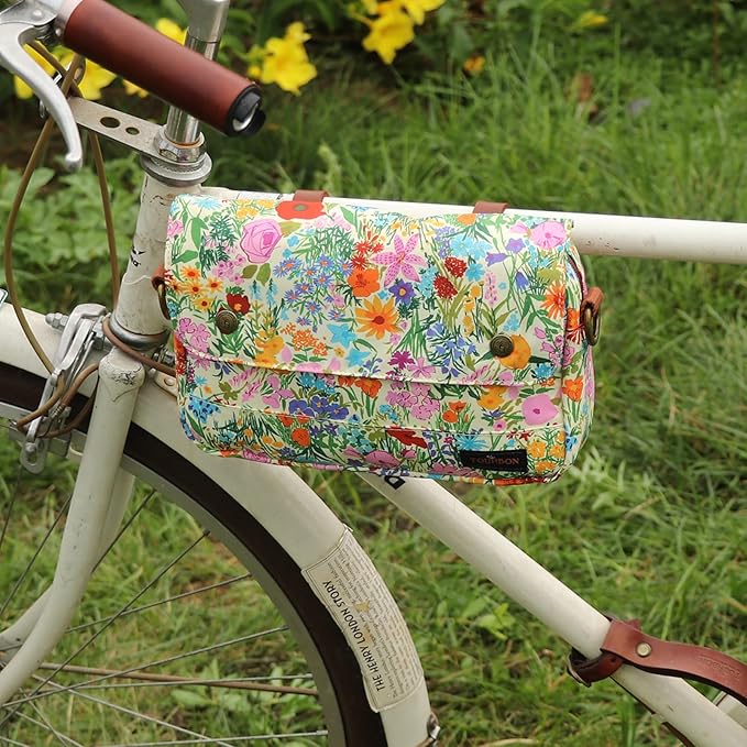 TOURBON Bike Bag Waxed Canvas Bicycle Handlebar Bag Zipper Closure Pouch Crossbar Front Frame Basket Cycling Saddebag Under Seat Strap-on Rear Rack Pannier (Yellow with Flower)