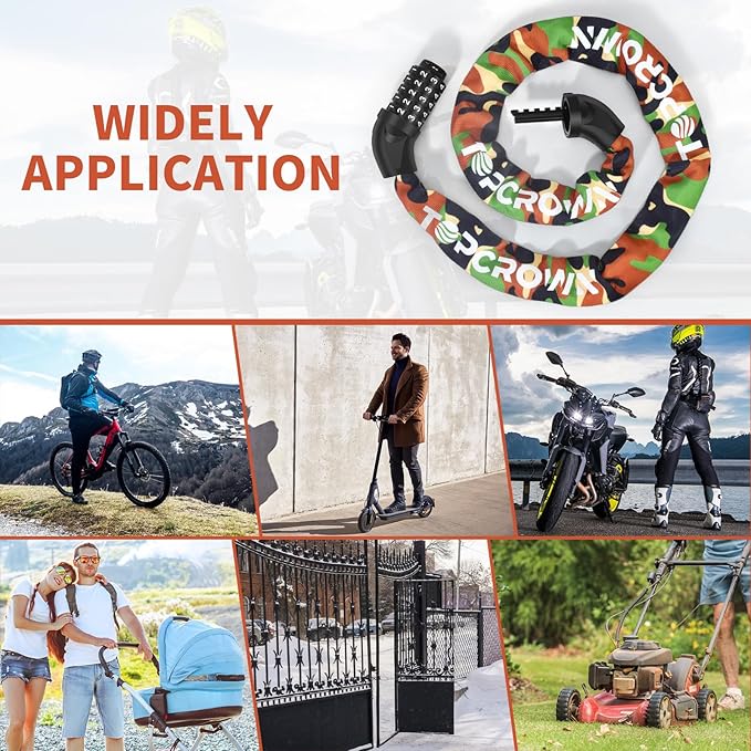 Bike Chain Lock 3.2Ft Long High Security Heavy Duty Anti Theft, 5 Digit Combination Resettable Keyless Bicycle Lock for Bike/Electric Scooter/Ebike/Motorcycle(Camouflage)