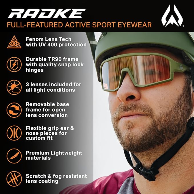 Wildhorn Radke MTB Cycling Glasses, UV400 Sports Ski Running Sunglasses for Women & Men, Baseball Glasses w/3 Swap Lenses