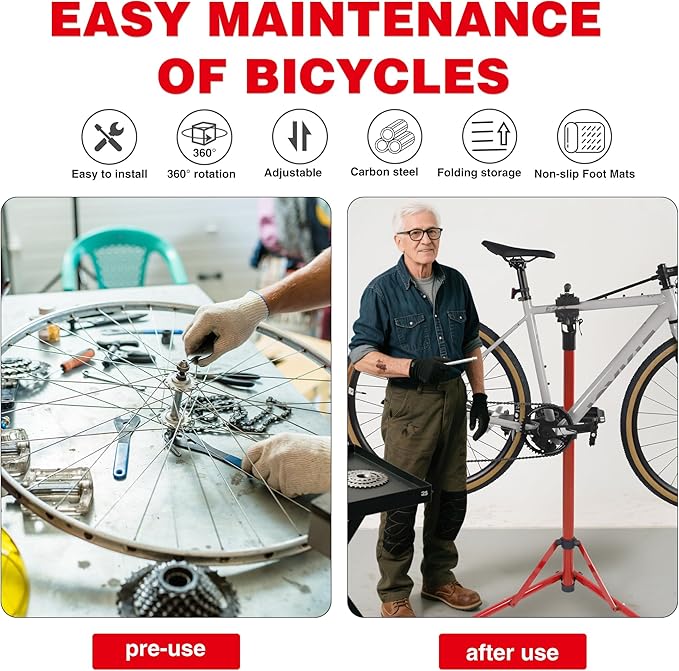Bike Repair Stand (Max 132 lbs) - Foldable Bike Stand for Maintenance of Road Bike & Mountain Bike,Bicycle Repair Stand for E-bikes with Super-strong Tube,Height Adjustable Portable Bicycle Heavy Duty Mechanics Workstands (Red（MAX LOAD:132LBS）)