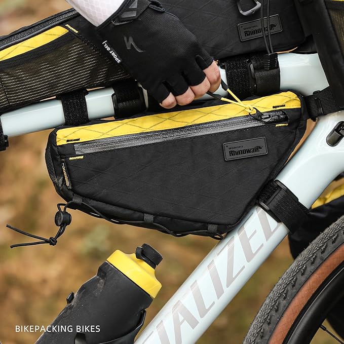 Rhinowalk Bike Triangle Frame Bag 1.7L, Waterproof Tool & Gear Bag with YKK Zippers, Cable Port & Pump Holder, Slim Fit – Black+Yellow