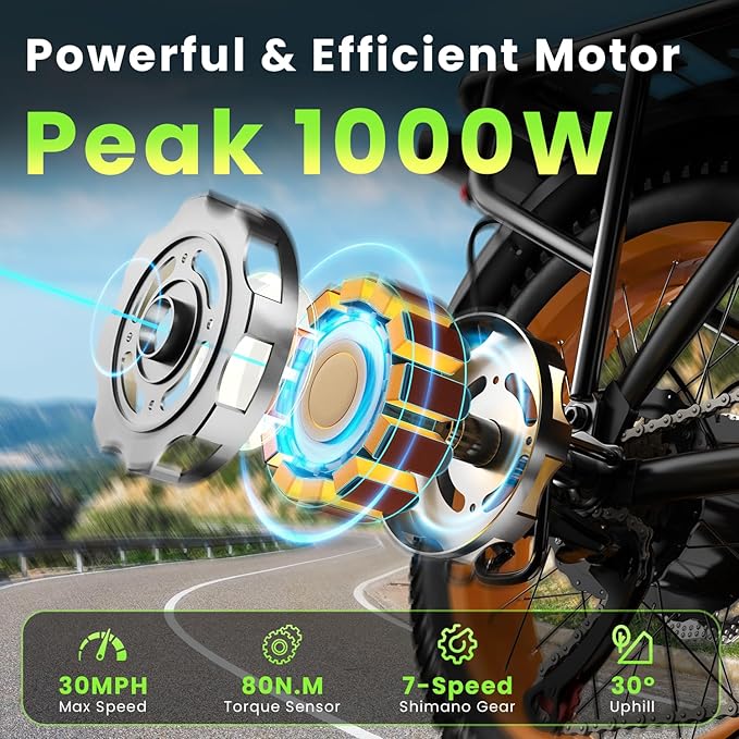 Folding Electric Bike for Adults and Seniors, 1000W Motor 48V 20AH Battery 30MPH 80 Miles, 20" Fat Tire All Terrain Ebike, 7-Speed Commuter E Bike, Step-Thru Electric Bicycle for Women and Teens