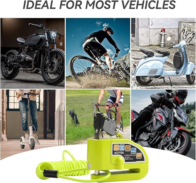 AGPTEK 110db Motorcycle Brake Lock with 5FT Reminder Cable, Anti-Theft Padlock Waterproof with Lock Pin Carrying Bag for Motorcycle Bike Scooter, Green