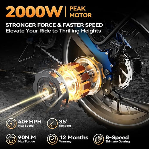 2000W/3000W Peak Motor Electric Bike for Adults, 48V/52V 25AH/30AH Battery Full Suspension Foldable Ebike, 20"x4.0" Fat Tires 35MPH Dirt Bike, 100/120 Miles Hydraulic Brake Magnesium Alloy Motorcycle