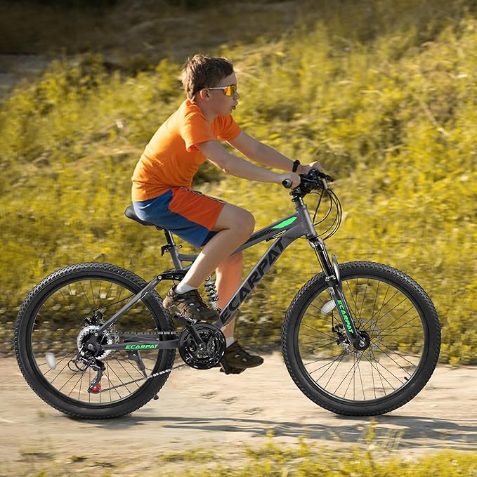 Ecarpat 24/26/27.5 Inch Mountain Bike, Full/Front Suspension Mens Boys Mountain Bike with 21 Speed Steel Frame and Dual Disc Brakes, Adult Sport Bicycle for Trail City Road, Gift Choice