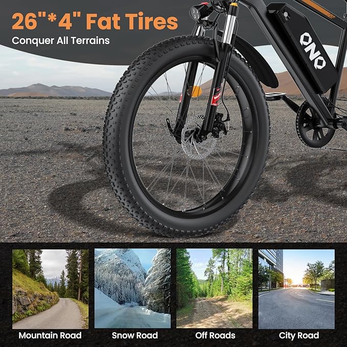 Fat Tire Electric Mountain Bike 1500W Peak, 48V 15Ah Removable Battery,20MPH Speed & 60 Miles Range Electric Bicycles, 26" All Terrain Off Road E-Bike for Adults w/ Lockable Suspension & 7 Speed Gears