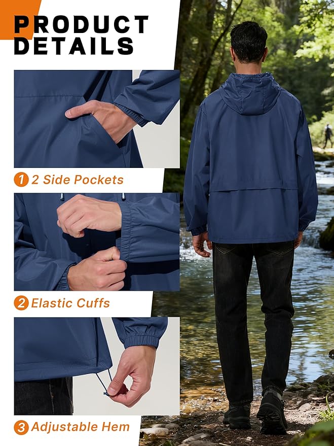 Men's Rain Jacket Waterproof Windbreaker Raincoat Cycling Running Hiking Golf Travel Gear Hood Lightweight Packable