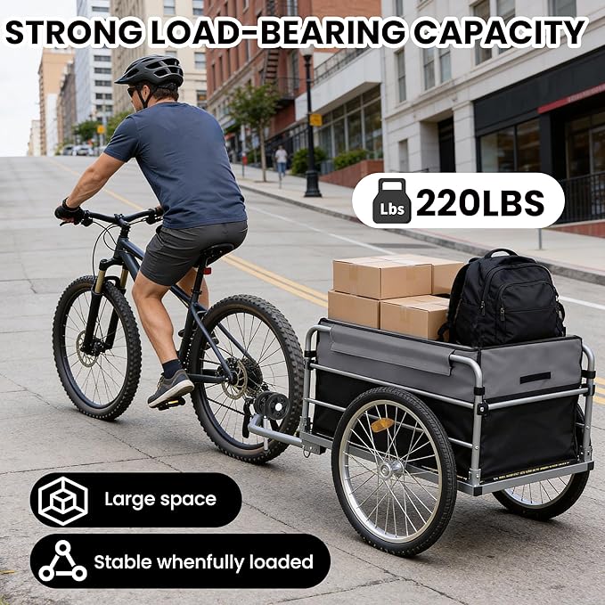 Aluminum Bicycle Trailer, Foldable Bike Cargo Trailer with Universal Hitch, Removable Oxford Fabric Cover, Bicycle Trailers Folding, for Camping, Groceries, 220 LBS Load Capacity, Black+Gery