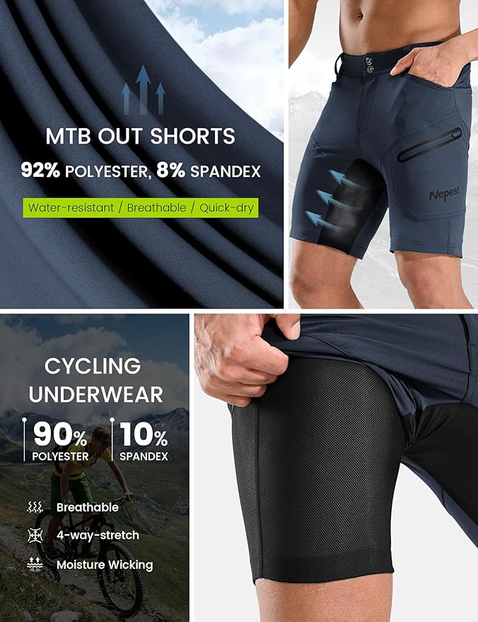 Nepest Mens Mountain Bike Shorts 3D Padded MTB Bicycle Riding Cycling Short Padding Liner Baggy Quick Dry,Zip Pockets
