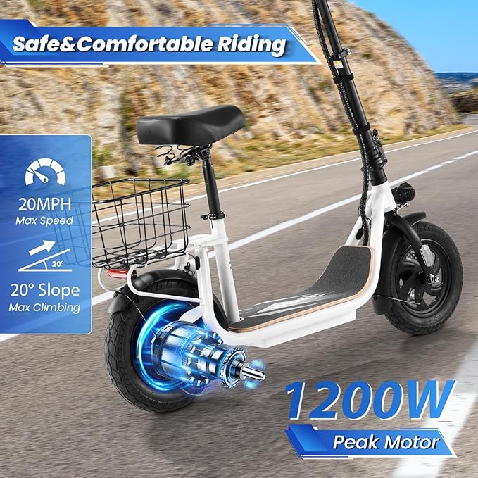 Caroma Peak 1200W/800W Electric Scooter with Seat, 30 Miles Max Range, Electric Scooter Adults, Up to 20MPH Foldable Escooter with Basket,Key Start Adjustable E-Scooter