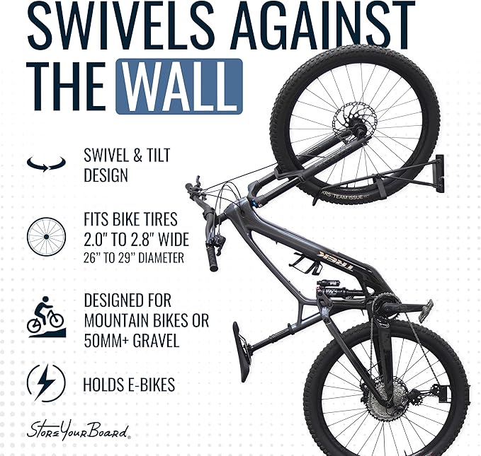 StoreYourBoard SwivelStow Bike Rack Garage Storage Rack 4 Pack - 4 Mountain Bike Bike Wall Mounts - Heavy Duty Bike Hanger - No-Lift Bike Rack Garage Storage Rack - Holds 70 lb Capacity