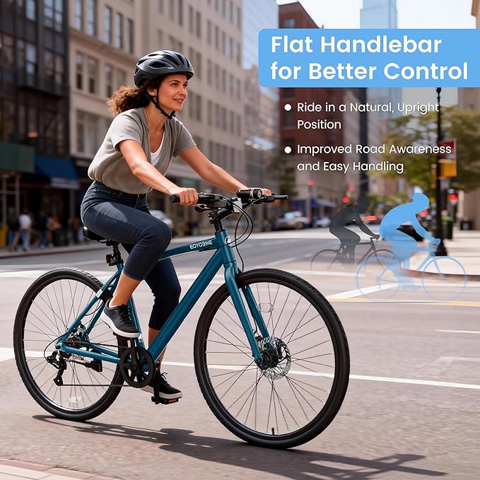 700C Hybrid Bike for Adults, Lightweight Aluminum City Commuter Bicycle, 8-Speed Urban Fitness Bike for Men & Women, Dual Disc Brakes, Upright Handlebar, LED Headlight & Reflectors