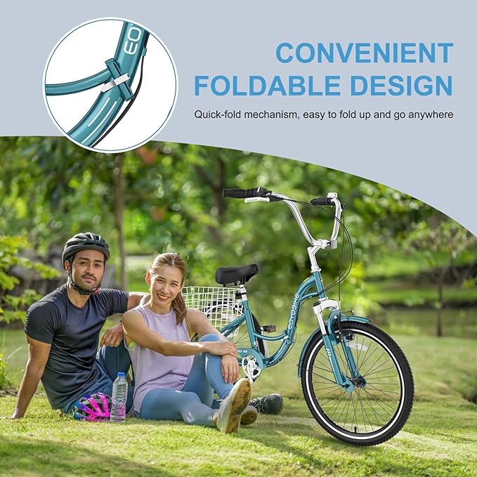 NAIZEA Folding Adult Tricycle - 7 Speed 20/24/26 Inch Folding Tricycle for Adult, 3 Wheel Bike, Foldable Trike with Large Basket/Low-Step Through for Men Women Senior
