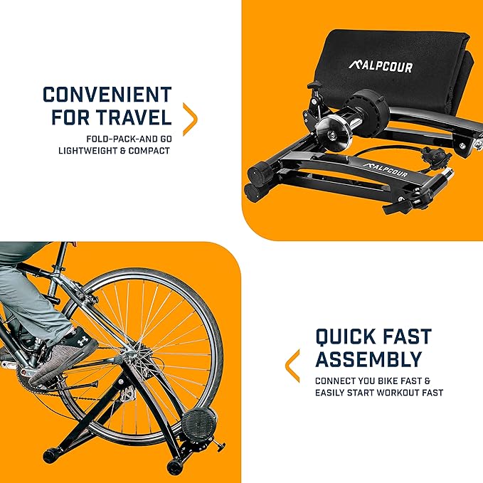 Alpcour Bike Trainer Stand for Indoor Riding – Portable Foldable Magnetic Stainless Steel Indoor Trainer, Noise Reduction, 6 Resistance Settings & Bag – Stationary Exercise for Road & Mountain Bikes