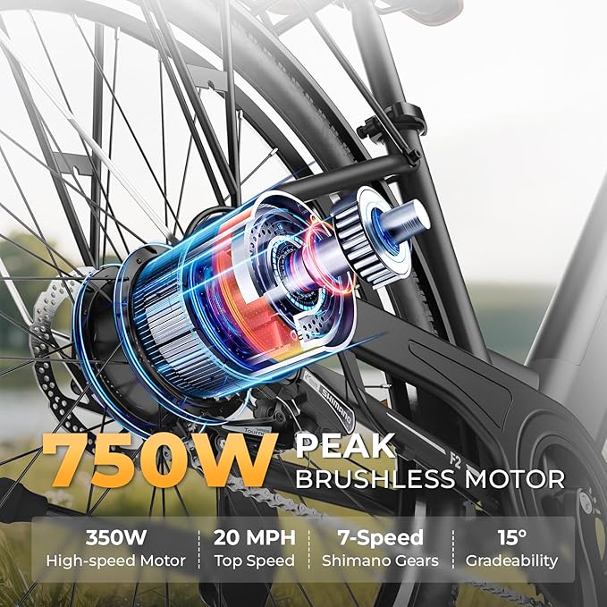 WINDHORSE 26" Electric Bike for Adults 20MPH & 30-50 Miles Range, Shimano 7-Speed, 468WH Removable Battery Commuter Ebike with 750W Peak Motor, Front Suspension, Rear Rack, Fenders, UL2849 Certified