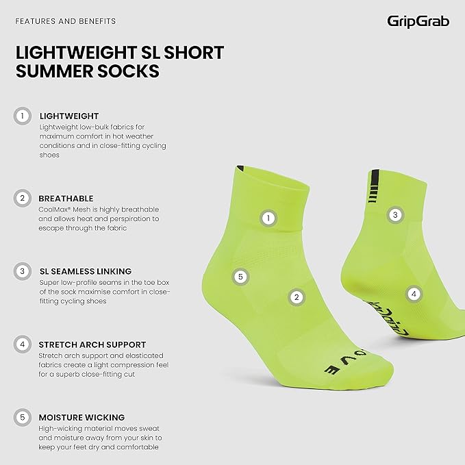 GripGrab Lightweight SL Performance Summer Cycling Socks Eyecatching 2 Lengths Road Mountain Gravel Bike Indoor Biking