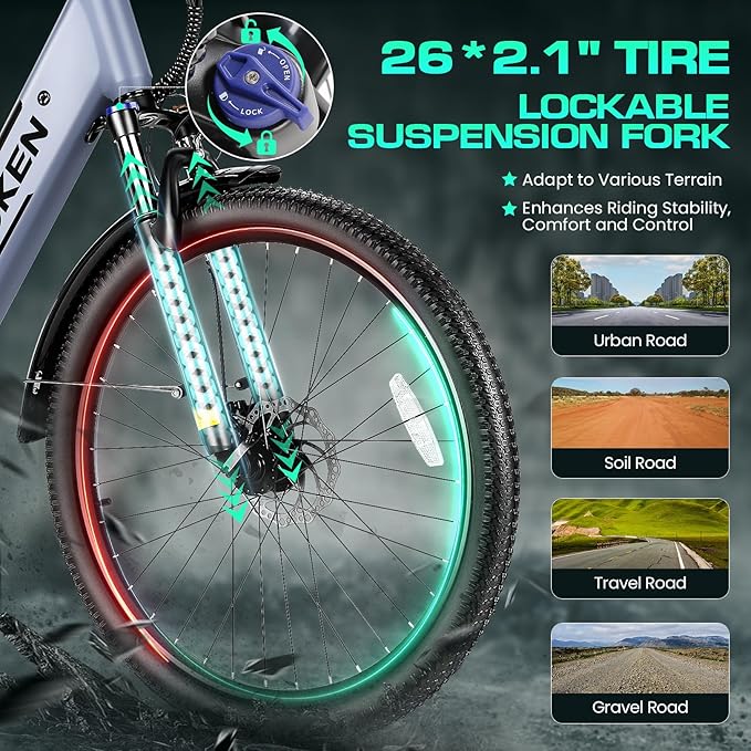 Wooken Electric Bike for Adults, 1000W Peak Ebike, 26" x 2.1" Tire Step Through Electric Bike, City Cruiser Ebike with 48V 10.4/15Ah Removable Battery, 7 Speed, SGS Certified to UL2849
