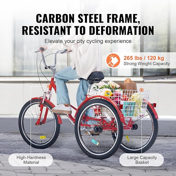 VEVOR Folding Adult Tricycle,Adult Folding Trikes, 3 Wheel Cruiser Bike with Large Basket & Adjustable Seat, Shopping Picnic Foldable Tricycles for Women, Men, Seniors