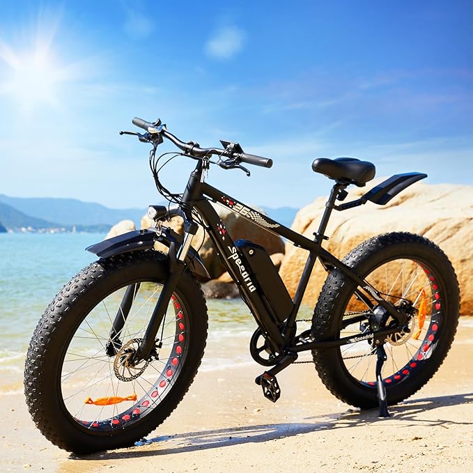 Speedrid Electric Bike 26" Fat Tire Electric Bike for Adult, 25mph Peak 750W 48V 10.4/ 13Ah Removable Battery Electric Mountain Bike, Commuting Off Road Ebike 7 Speed & Front Suspension Fast Charge