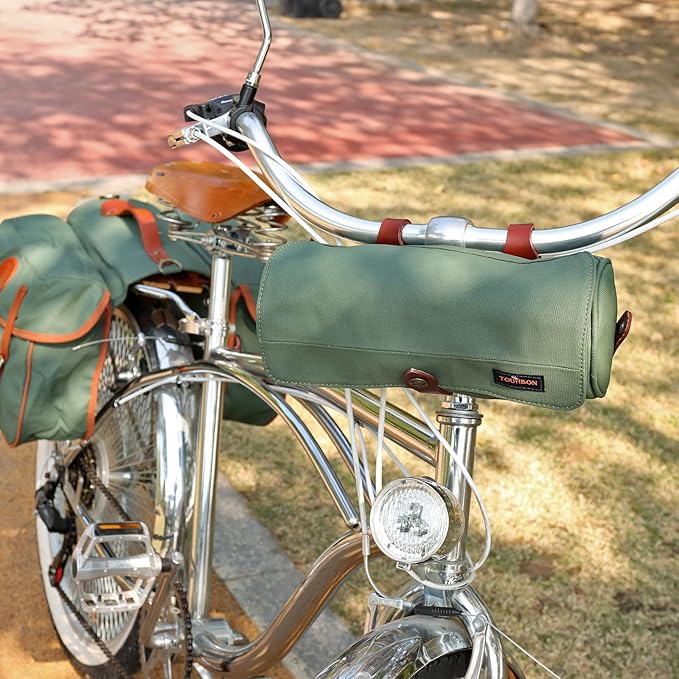 TOURBON Canvas Leather Bike Handlebar Bag with Shoulder Strap, 4.5L Bicycle Top Tube Pouch, Water-resistant Small Saddlebag storage bag for Cycling (Green)