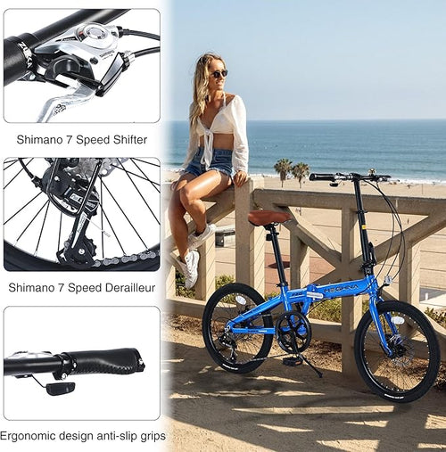 20 Inch Folding Bicycle, City Bike with Lightweight Aluminum Frame and Disc Brake, 7-Speed Commuter Bike for Adult Garden Outdoor