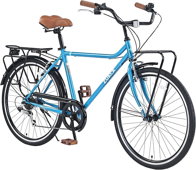 Vintage Style 26 Inch Adult Cruiser Bicycle Hybrid Bike 7 Speeds Commuter Bike for Women, Men, Seniors, SHMANO Shifter and derailleur Step-Over Steel Frame,Double Cargo Rack，4 Colors