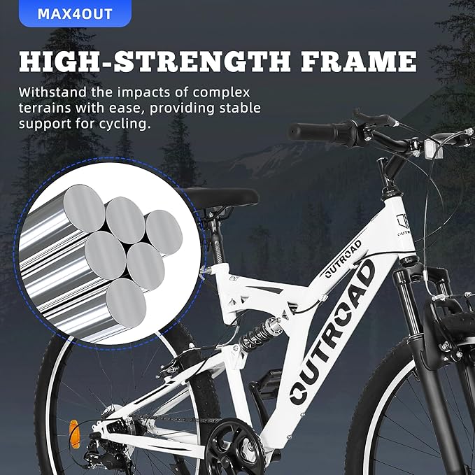 26 inch Mountain Bike Dual Full Suspension, Outdoor Hybrid Bikes,7-Speed/High-Carbon Steel, for Men Women Adult, MTB Bicycle with Suspension Fork,Sleek Colors