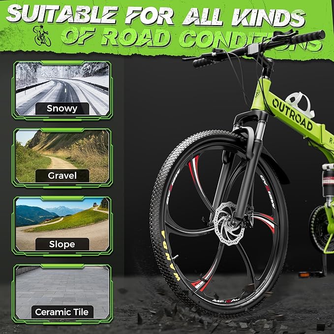 Betterland 26 Inch Mountain Bike, 21 Speeds Full Suspension Folding Bikes, Dual Disc Brake, High Carbon Steel Frame and Non-Slip Quick Release tire Bicycle for Adult