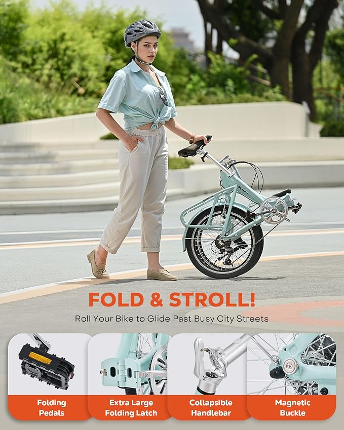 VIRIBUS Folding Bike, 20 inch Lightweight Foldable Bike for Adults 7 Speed with Aluminum Frame, Basket & Rear Rack, Step Through Collapsible Bike for Women Men Seniors City Commuter