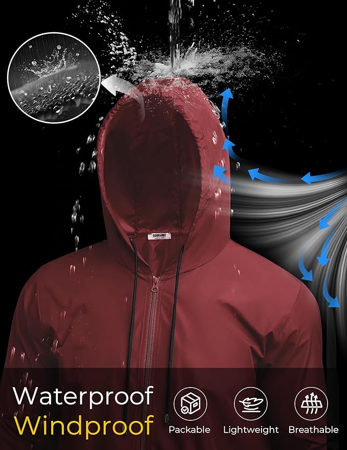 COOFANDY Mens Packable Rain Jacket Lightweight Waterproof Raincoat with Hood Outdoor Rain Gear Travel Hiking Cycling