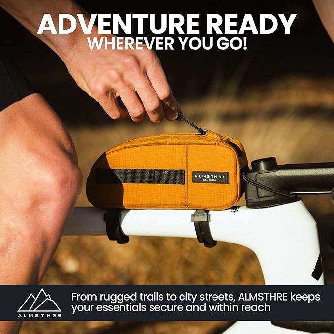 ALMSTHRE Top Tube Bag 8'' x 2'' x 3'' | Waterproof, Secure & Stable – Universal Bike Storage with Versatile Mounting – Fits Essentials | Adventure-Ready Cycling Gear