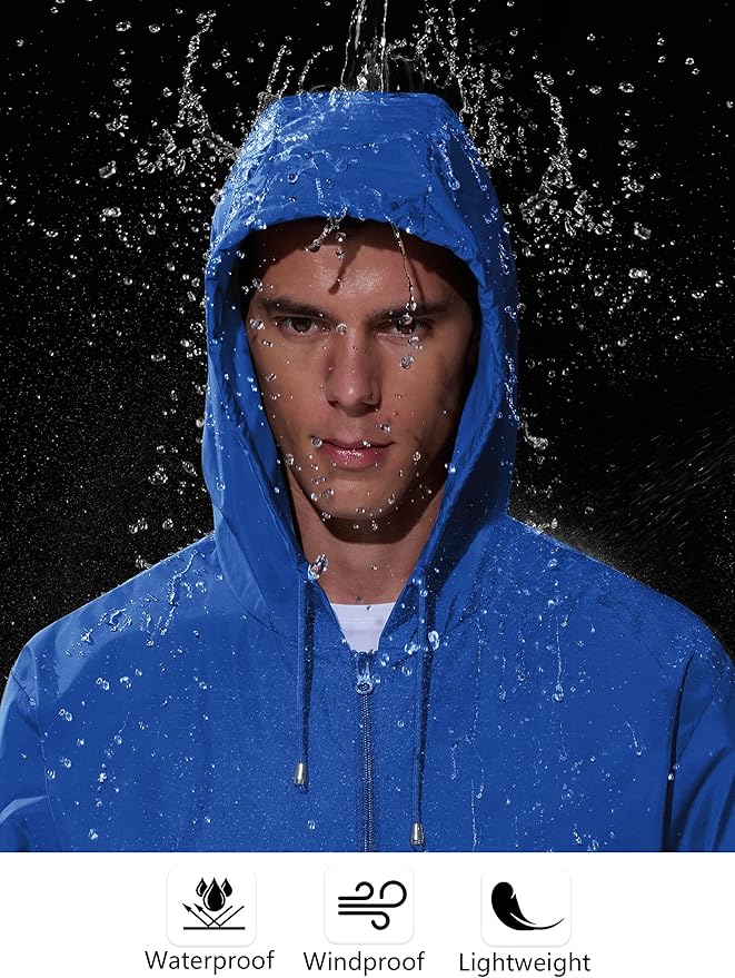 Mens Rain Jacket Raincoat Windbreaker Running Waterproof Lightweight Packable with Hood Travel Hiking Cycling
