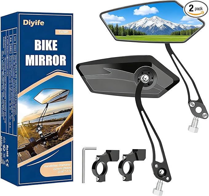 Diyife Bike Mirror 1 Pair, [New Version] HD Wide Angle Large Handlebar Rearview Mirror, Blast-Resistant 360°Adjustable Bicycle Rear View Mirror Accessories for Ebike Mountain Road Bike