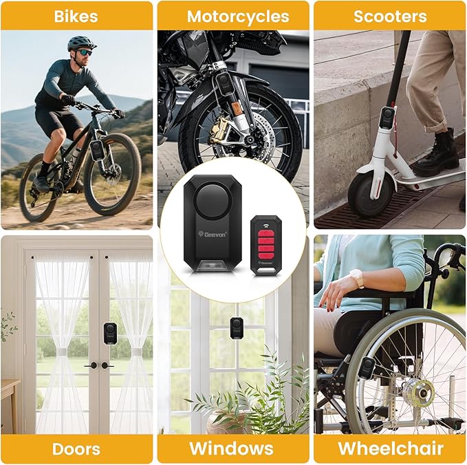 Geevon Bike Alarms for Ebikes, Wireless Bike Alarm with Remote, 135dB Anti-Theft Bicycle Motorcycle Alarm Wireless Security Sensor Alarms, IPX5 Waterproof