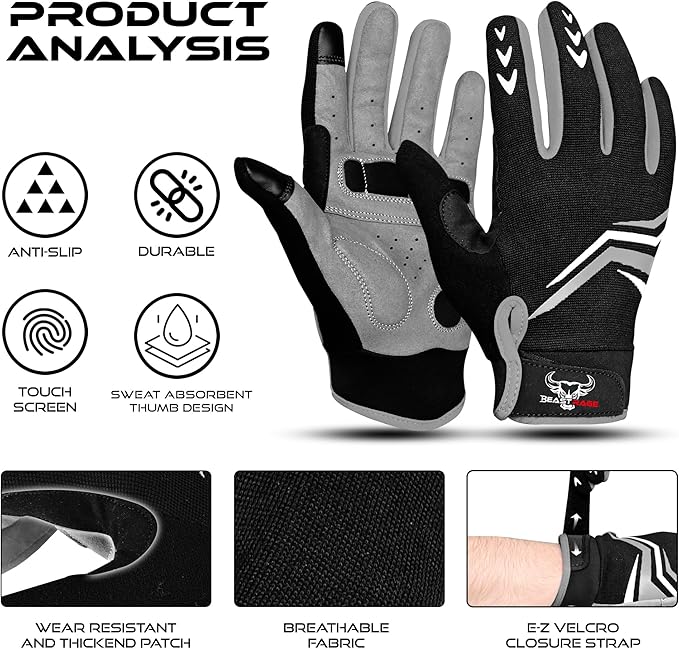 BEAST RAGE Full Finger Cycling Gloves with Padding for Men Women, Anti-Slip, Shock Absorbing, Breathable, Touchscreen Mountain Bike Gloves for BMX, MTB Riding, Road Racing, Bicycle